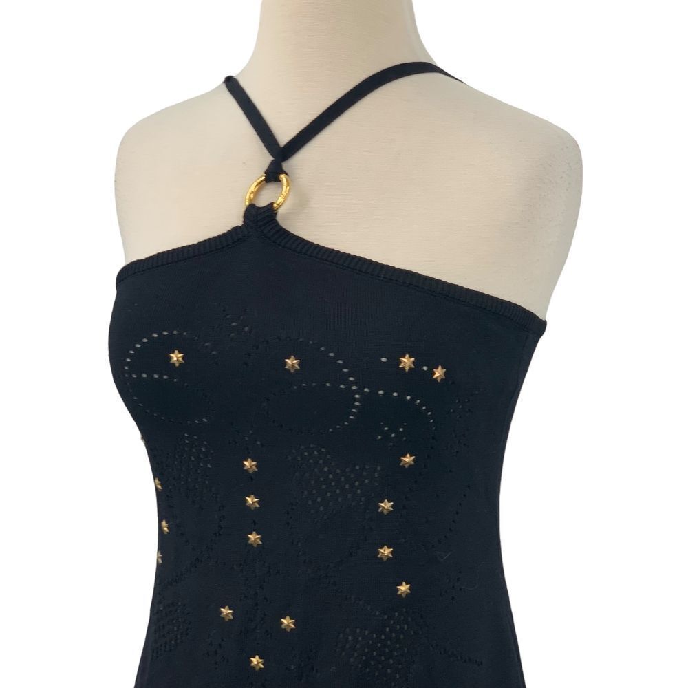 ESCADA Women's Halter Dress Gold Star Stud Eyelet Knit Black Midi Size 38/Medium - Picture 6 of 7